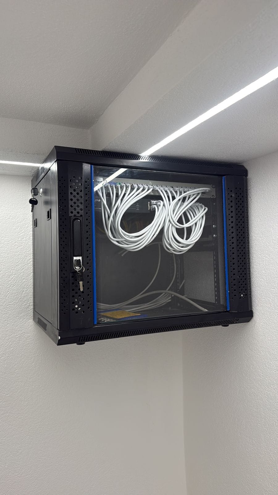 Sauber gepatchter 19-Zoll-Netzwerkschrank mit ordentlich abgebundenen Cat-Leitungen an der Wand